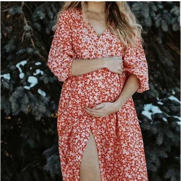 The nines by Hatch Red Floral Maternity Midi Dress Casual Puff Sleeve Medium - Picture 1 of 12